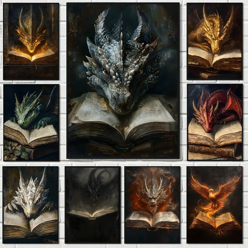 Home Decor Gothic - Large Dragon Reading Book Poster Gothic
