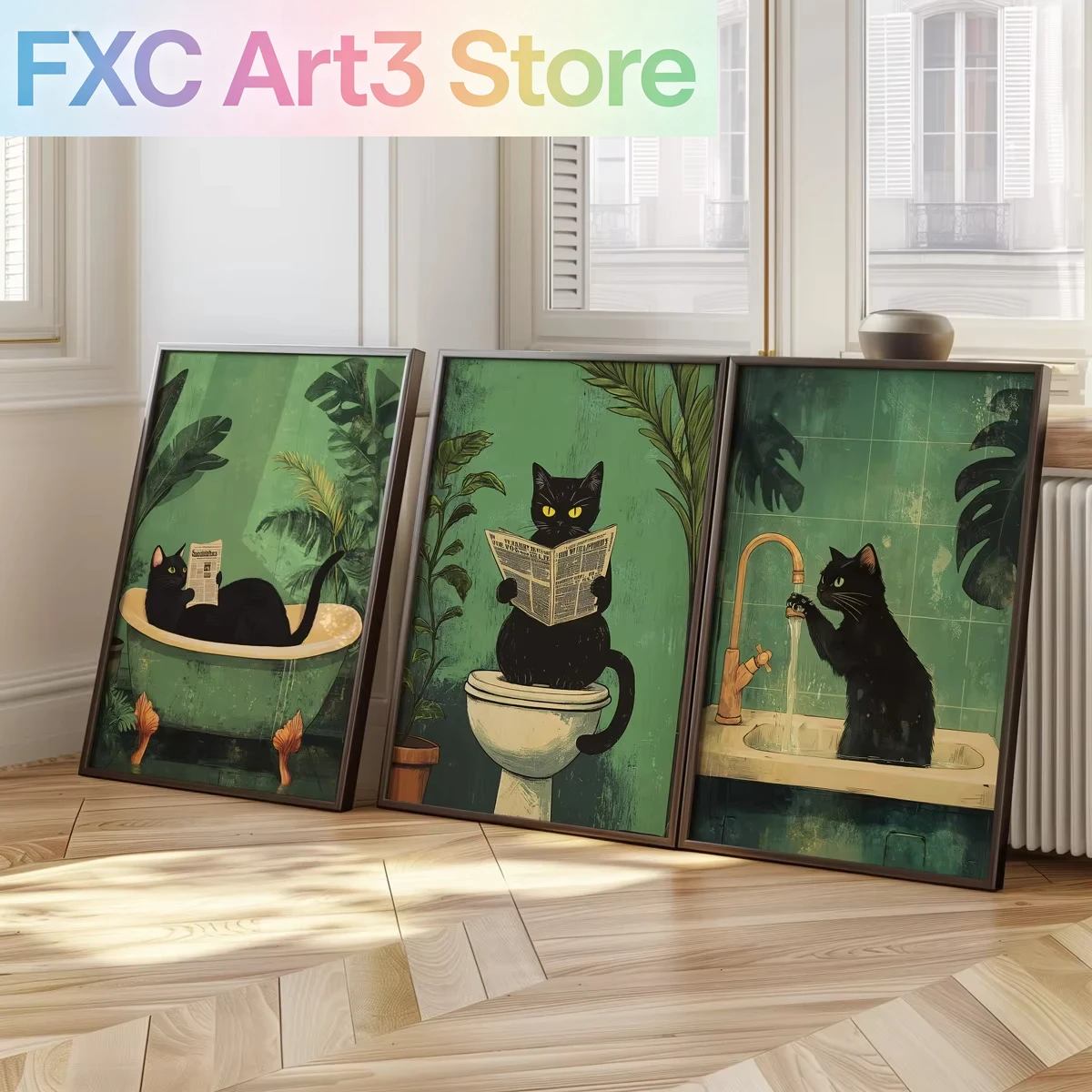 Home Decor Interior - Frameless,Set of 3 funny bathroom black