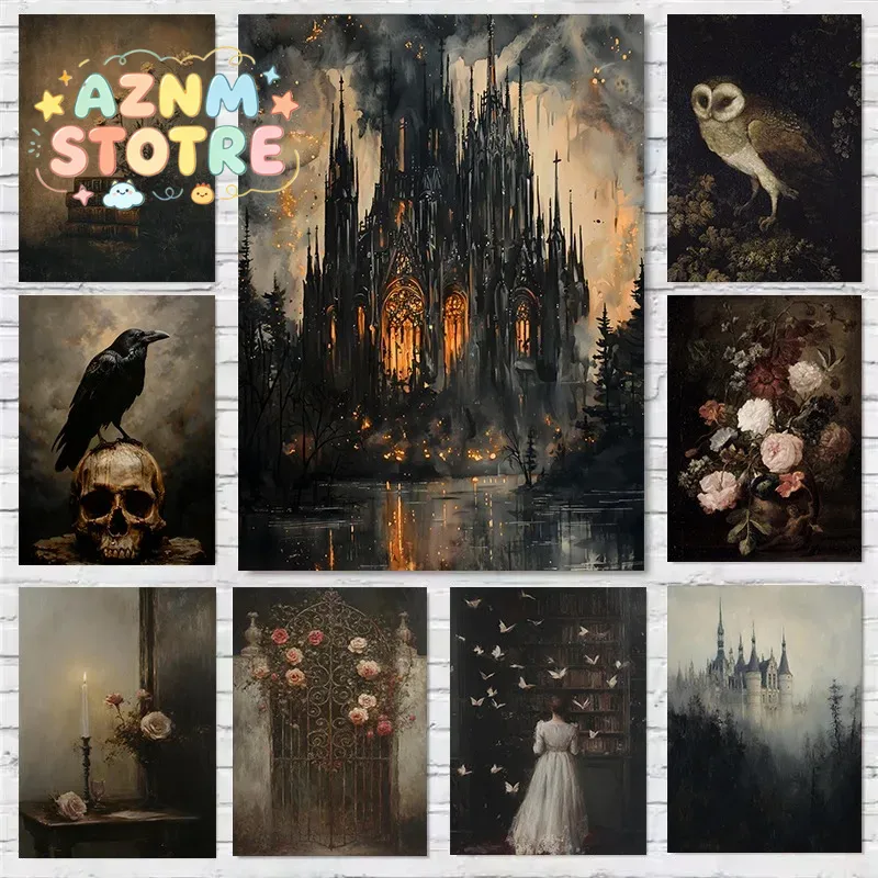 Home Decor Gothic - Dark Academia Antique Gothic Castle Wildflowers