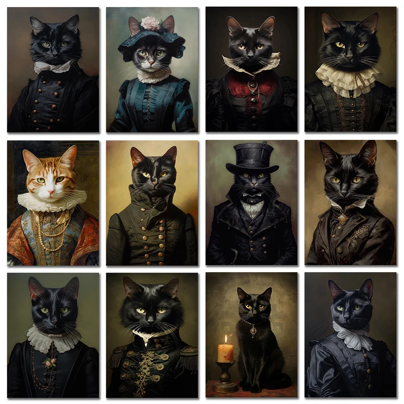 Home Decor Gothic - Vintage Renaissance Cat Portrait Black Cat