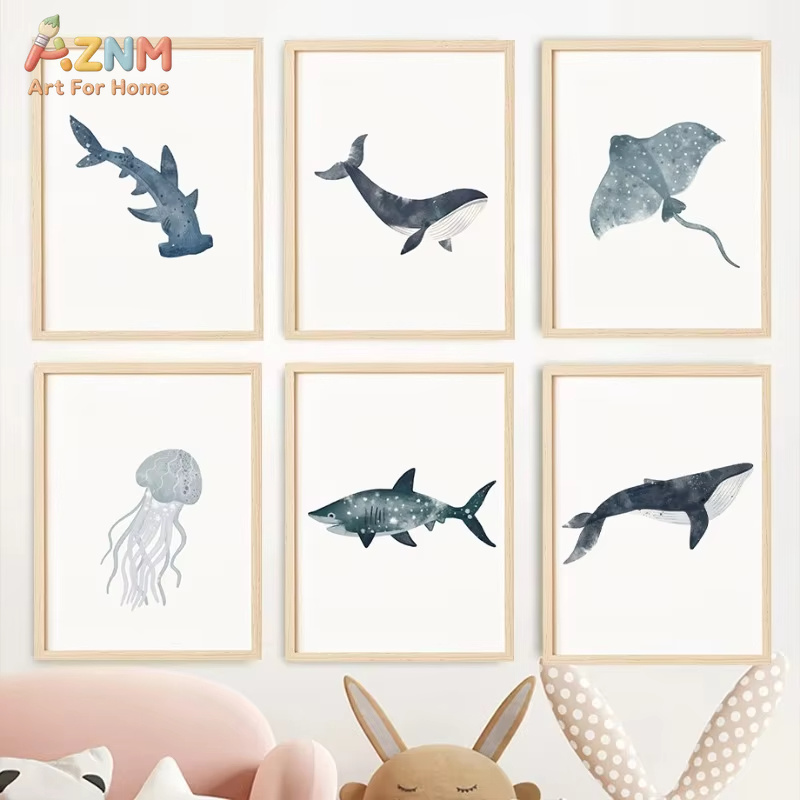 Home Decor Nautical - Sea Animals Watercolor Poster Ocean Whale