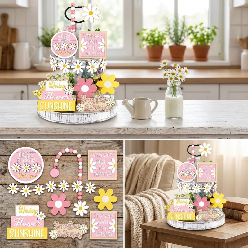 Daisy Tiered Tray Decor Summer - Home Decor Daisy ulasan dan harga