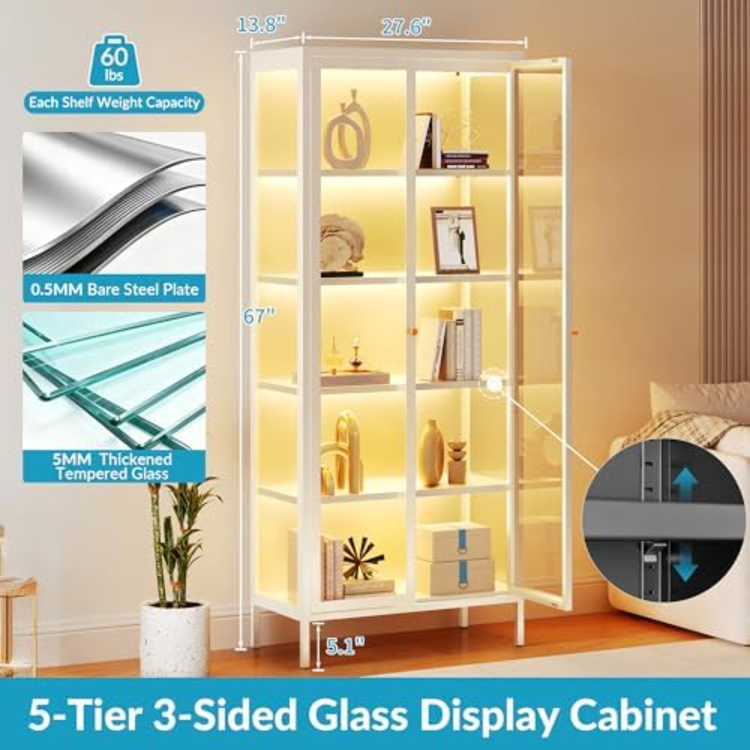 5-Tier Glass Display Cabinet w - Led Strip Lights ulasan dan harga