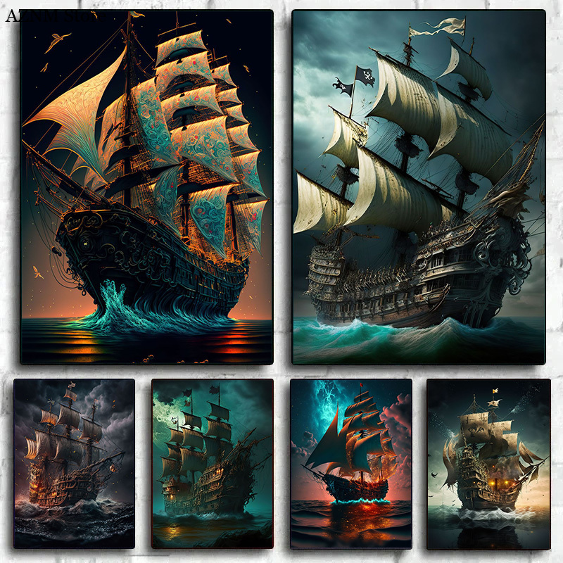 Abstract Pirate Ship Sea Moon  - Home Decor Nautical ulasan dan harga