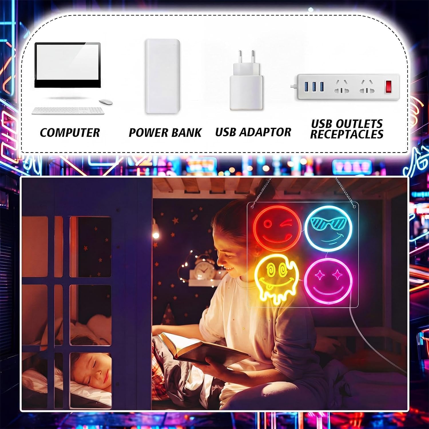 Cute Smiley Face LED Neon Sign - Home Decor Emoji ulasan dan harga